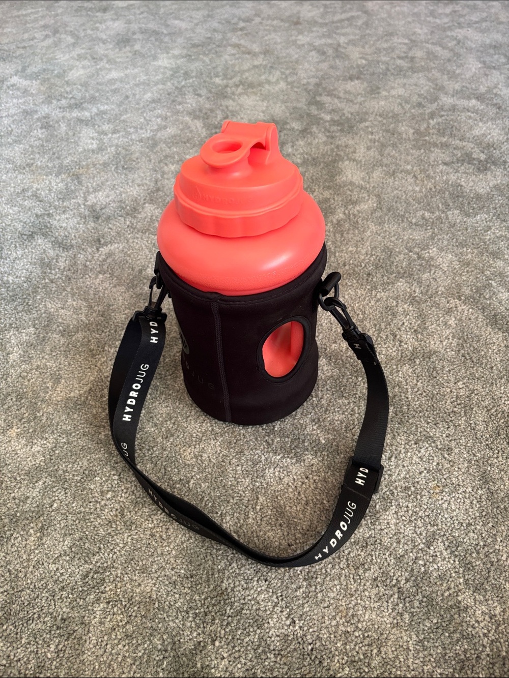 HydroJug Coral Water Bottle with Black Neoprene Sleeve and Strap and Straw